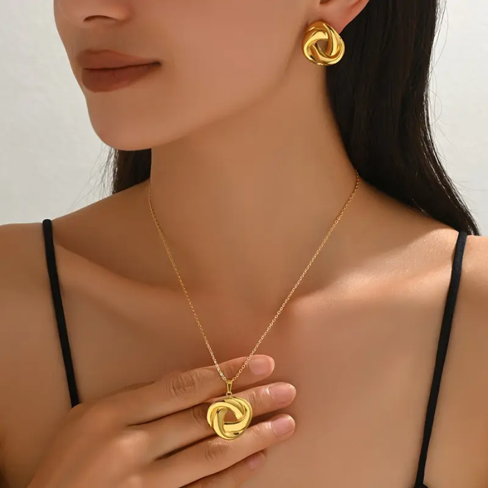 Set De Aretes + Collar Chapado En Oro De 18k De Acero Inoxidable 304