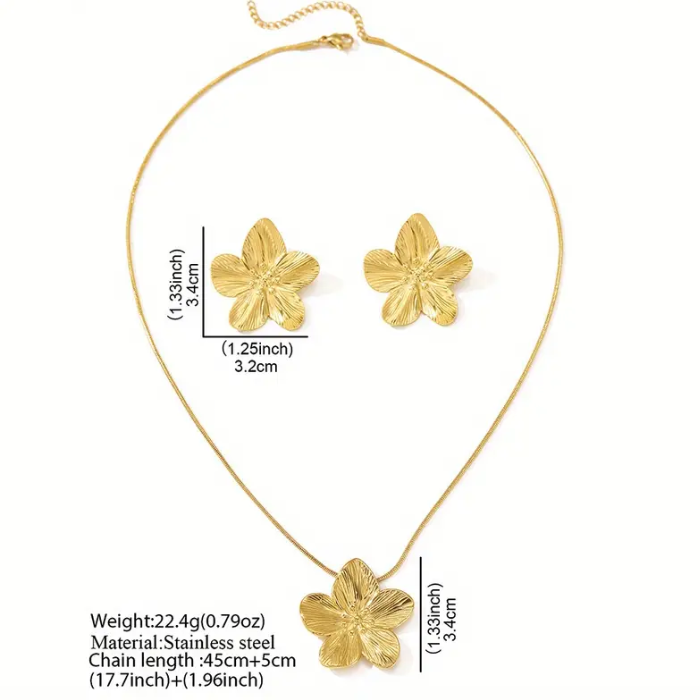 Set De Aretes Y Collar De Flores Francesas Chapados En Oro De 18k