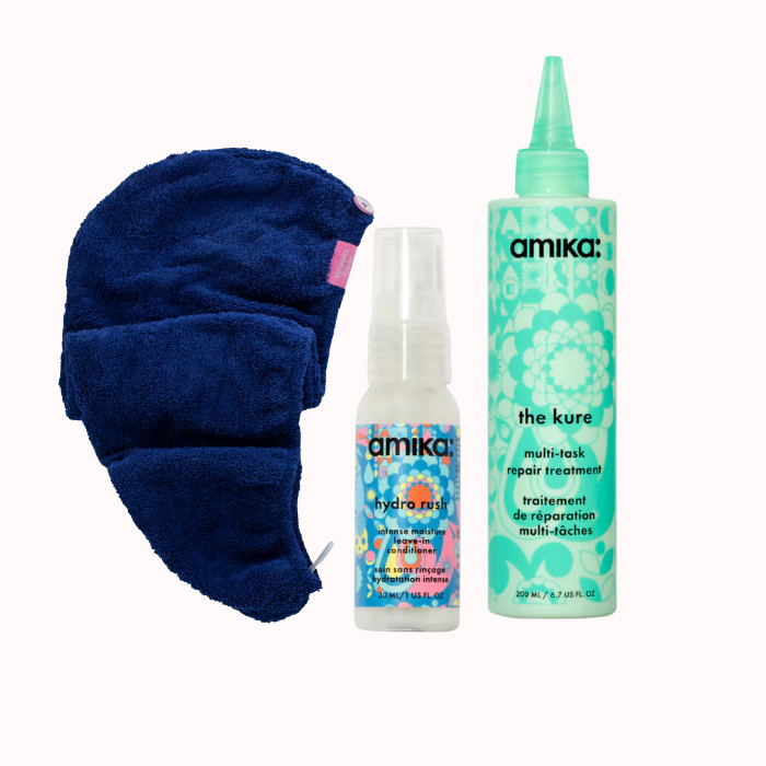Kit Reparador de cabello + Acondicionador sin enjuague + Toalla para el Cabello Amika