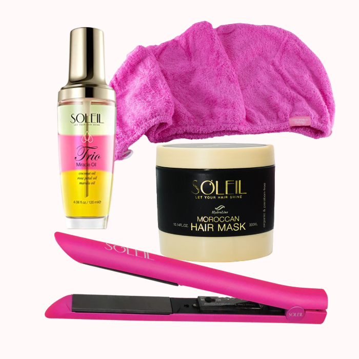 Set Cabello Sano: Plancha + Aceite + Mascarilla + Toalla