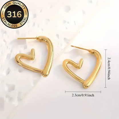 Aretes de corazón de acero inoxidable hipoalergénico chapados en oro de 18K