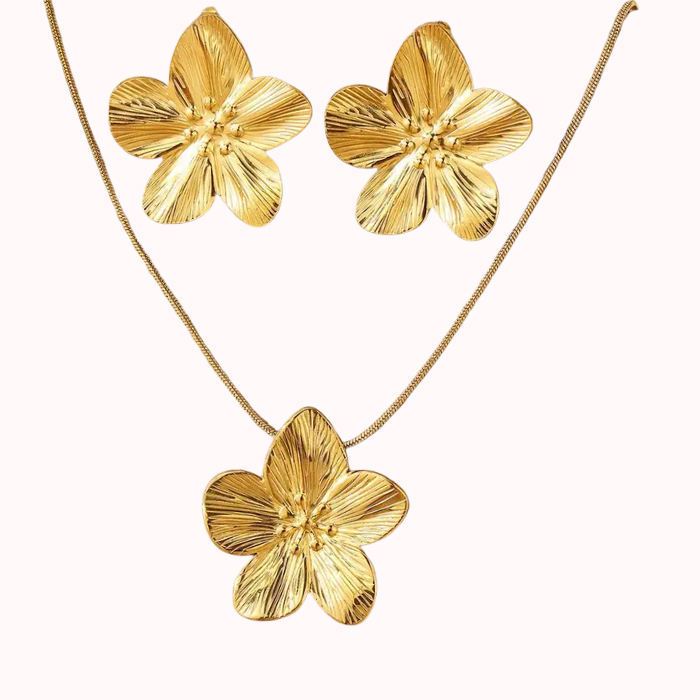 Set De Aretes Y Collar De Flores Francesas Chapados En Oro De 18k